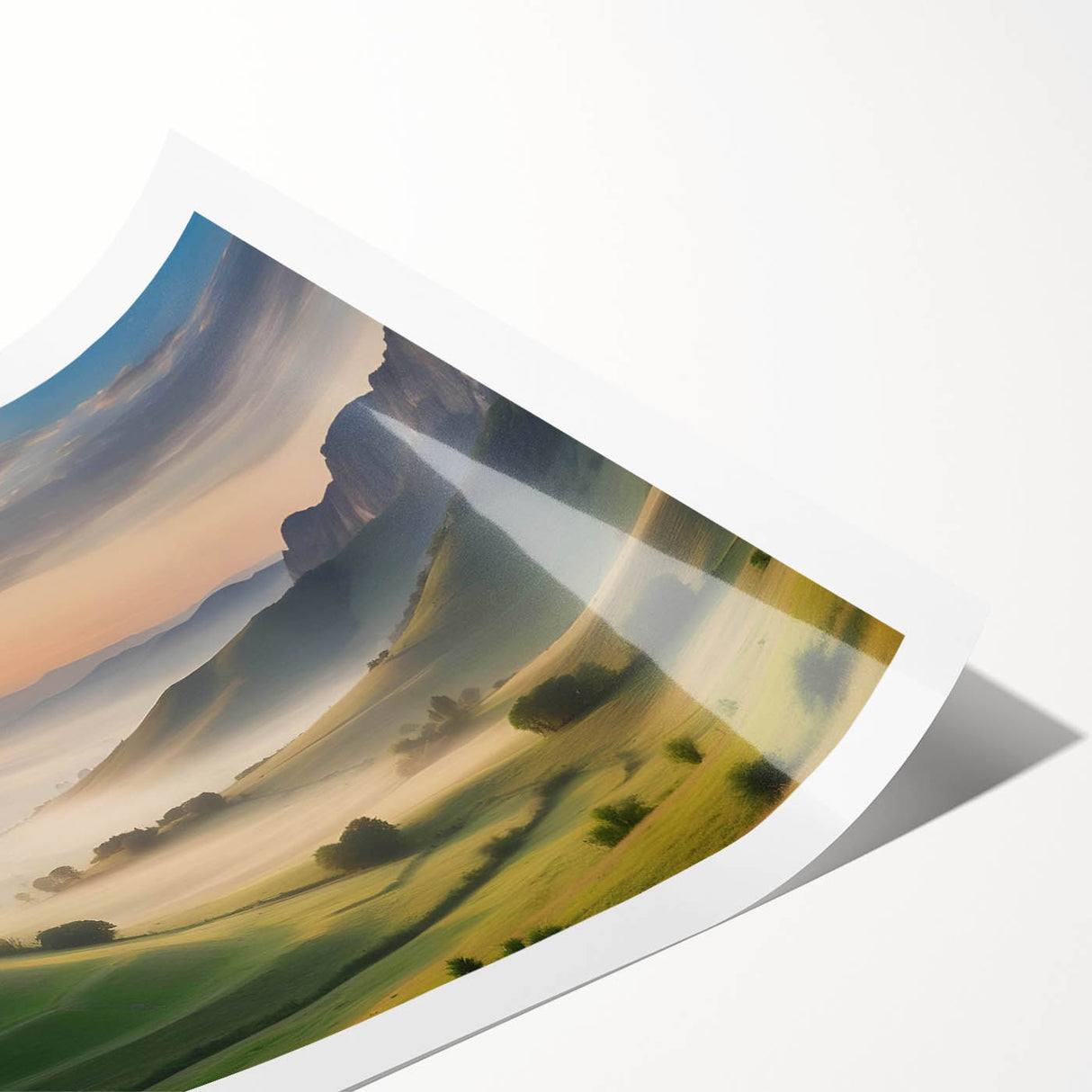 Stunning rolled print showcasing a serene valley landscape design with vibrant green hills and a clear blue sky, perfect for enhancing home decor.