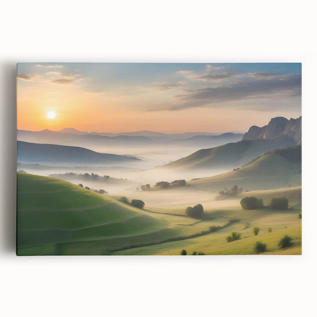 Stretched canvas wall art showcasing a vibrant valley landscape design with rich colors and intricate details, perfect for home decor and nature enthusiasts.