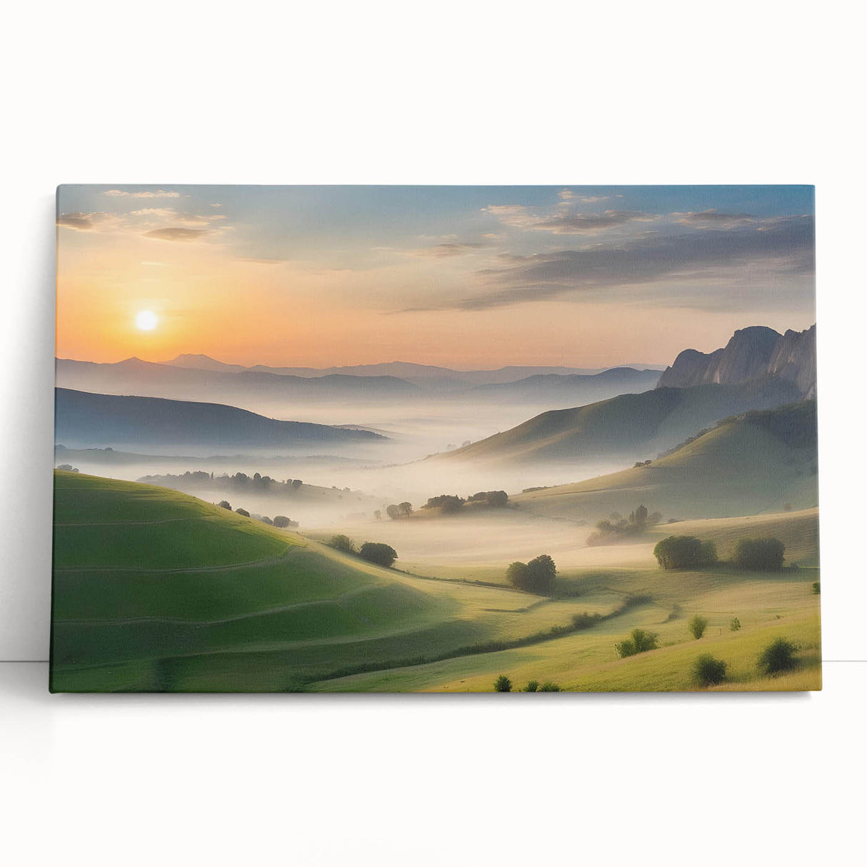 Stretched canvas wall art showcasing a serene valley landscape with vibrant colors, perfect for home decor, adding tranquility to any space.