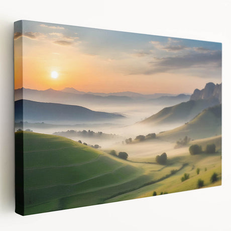 Stretched canvas wall art showcasing a serene valley landscape design, featuring vibrant greens and calming blues, perfect for home decor and wall aesthetics.