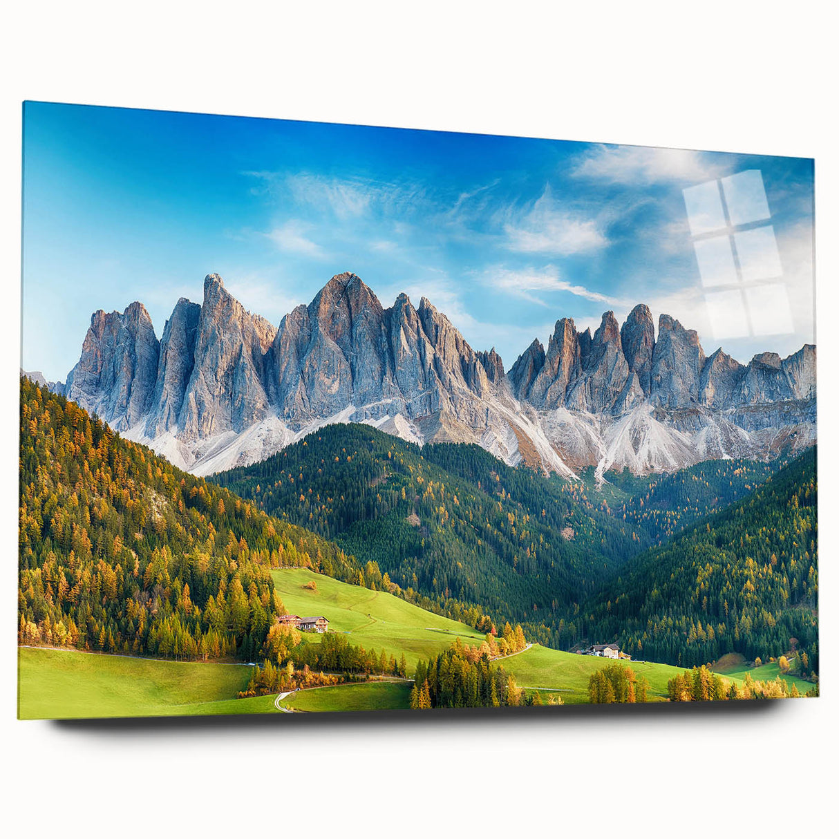 Elegant wall art showcasing a stunning valley landscape in vibrant colors, displayed in an acrylic glass frame for a modern aesthetic, perfect for home decor.