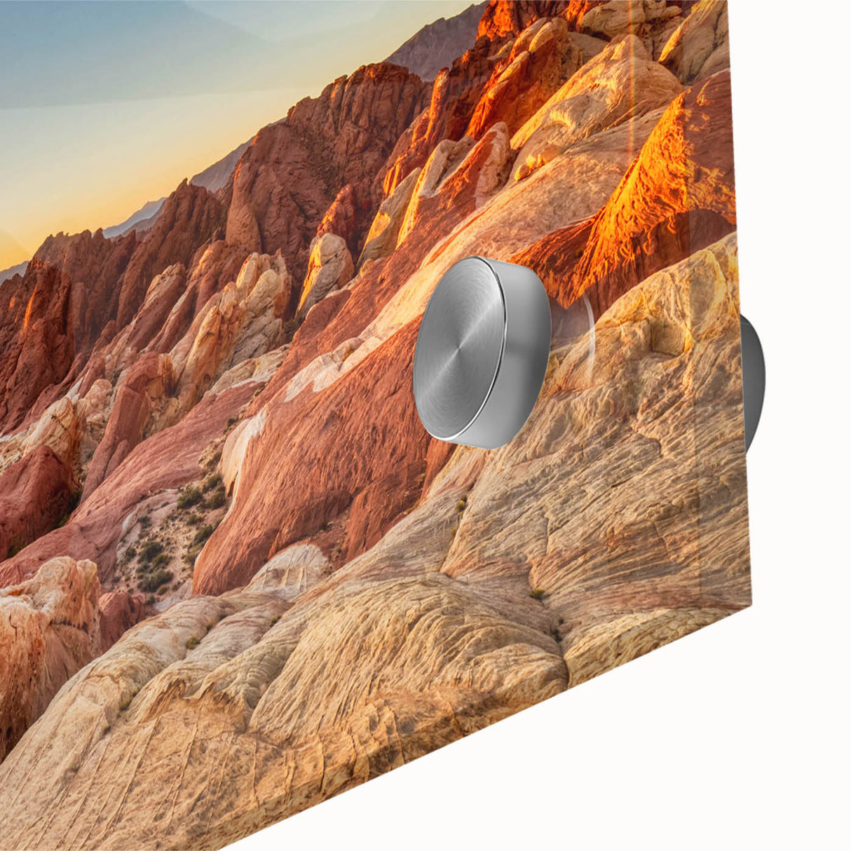 Close-up view of a stunning acrylic glass wall art piece depicting a vibrant valley landscape, showcasing rich colors and intricate details ideal for enhancing home decor.