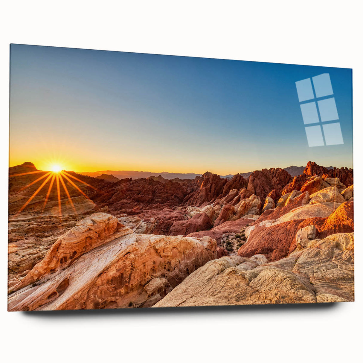 Acrylic glass wall art featuring a stunning landscape of a serene valley, showcasing rich greens and blues, perfect for modern home decor. Ideal for nature enthusiasts.