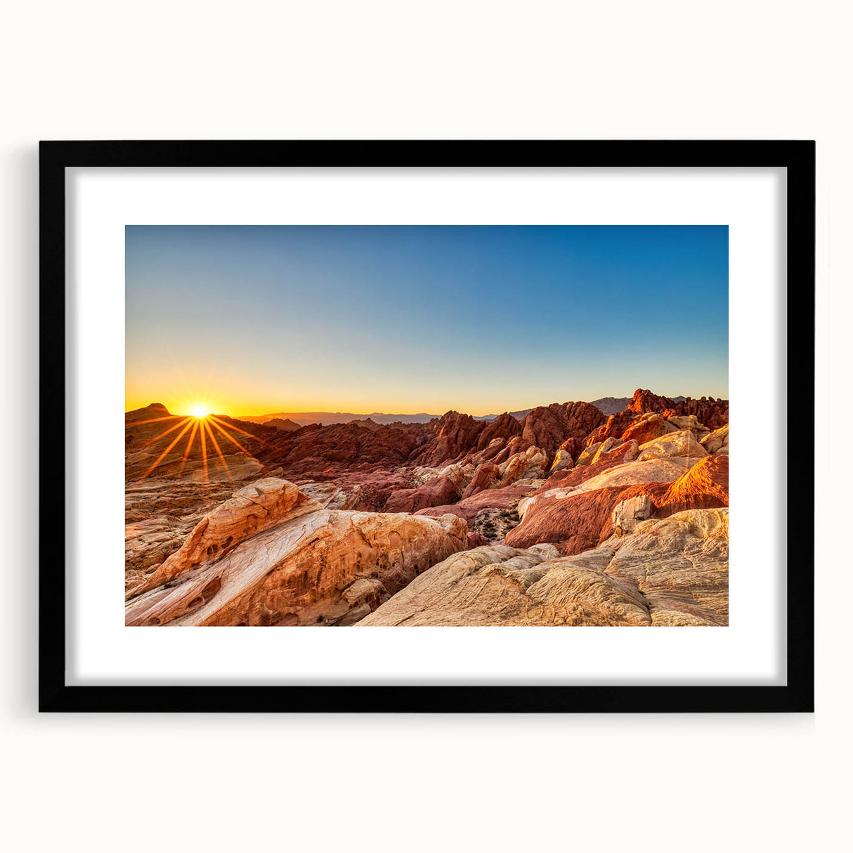 Framed wall art featuring a serene valley landscape design, with a black frame and mat, showcasing vibrant colors and intricate details, perfect for home decor.