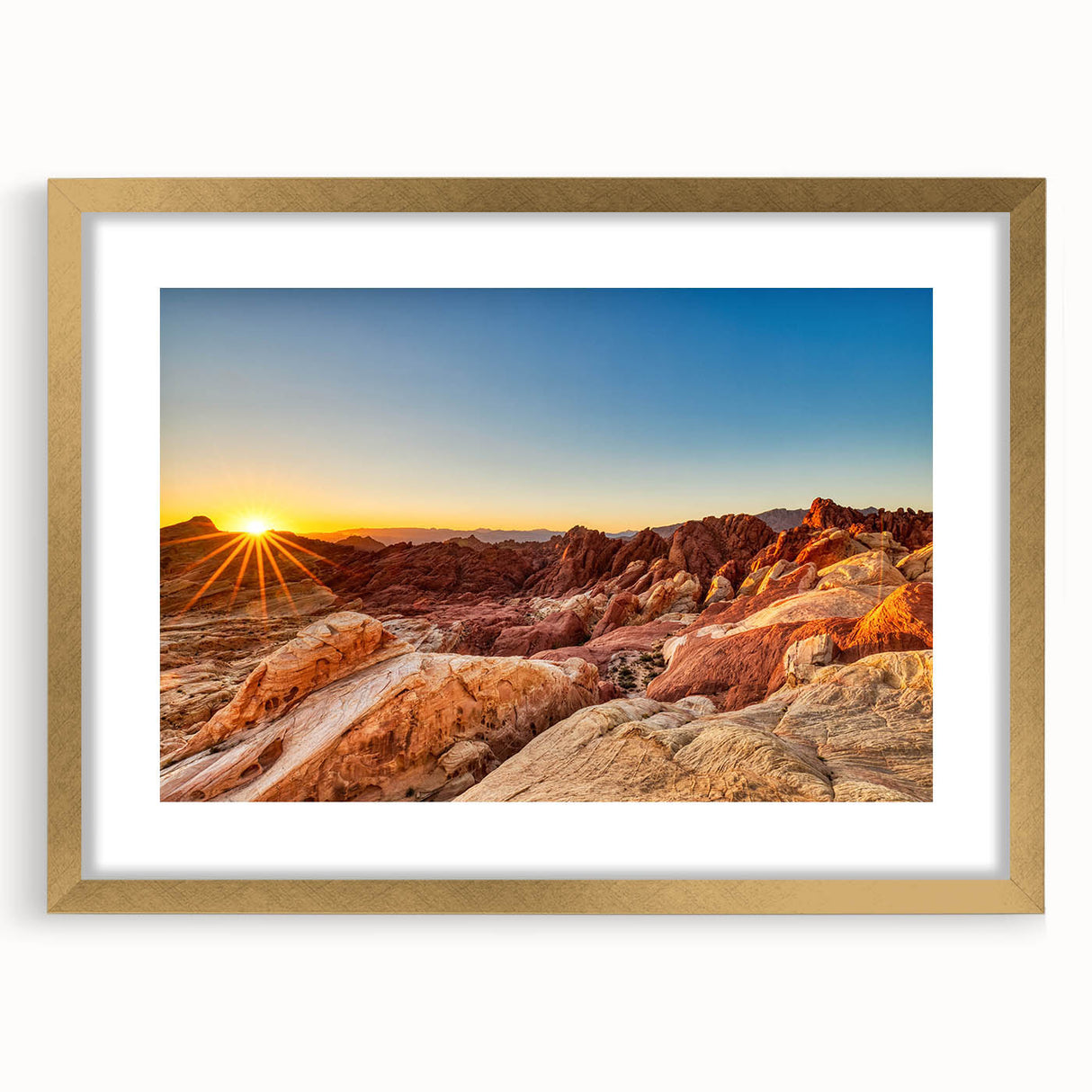 Gold-framed landscape wall art of a serene valley design, showcasing vibrant colors and intricate details, ideal for home decor or office decoration.