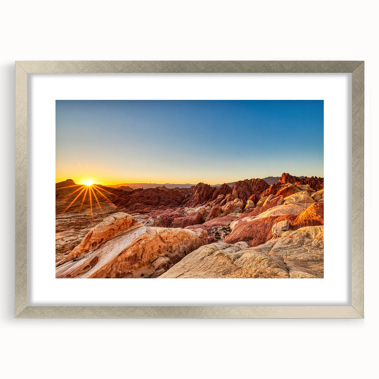 Framed landscape wall art featuring a serene valley design with a silver mat border, perfect for home decor, enhancing tranquility and natural beauty.
