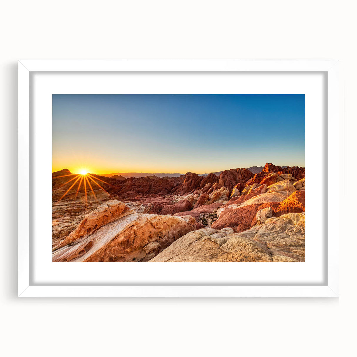 Framed wall art from the Landscapes Valley Design 23 collection, showcasing a serene valley scene with soft green and blue hues, elegantly matted and displayed in a white frame, perfect for home decor.