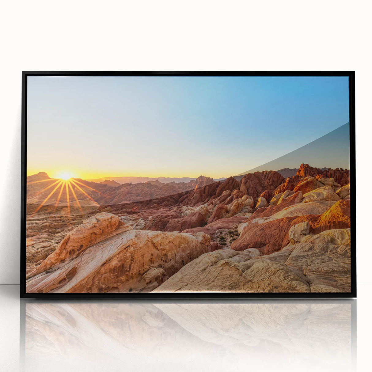 Framed acrylic wall art of a serene valley landscape showcasing vibrant colors and intricate details, set in a sleek black frame for an elegant finish.