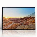 Framed acrylic wall art of a serene valley landscape showcasing vibrant colors and intricate details, set in a sleek black frame for an elegant finish.