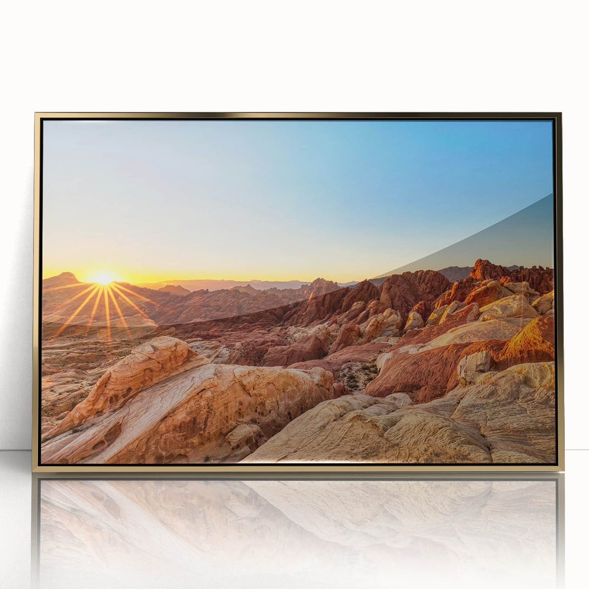 Framed acrylic wall art showcasing a stunning valley landscape design, featuring vibrant colors and a sleek gold frame, perfect for enhancing modern home decor.