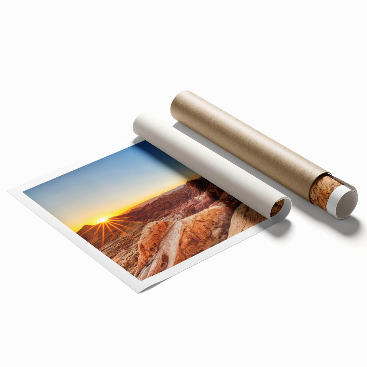 Serene landscape wall art print showcasing a vibrant valley scene with lush greenery and a clear blue sky, rolled and ready for display in a stylish home decor setting.