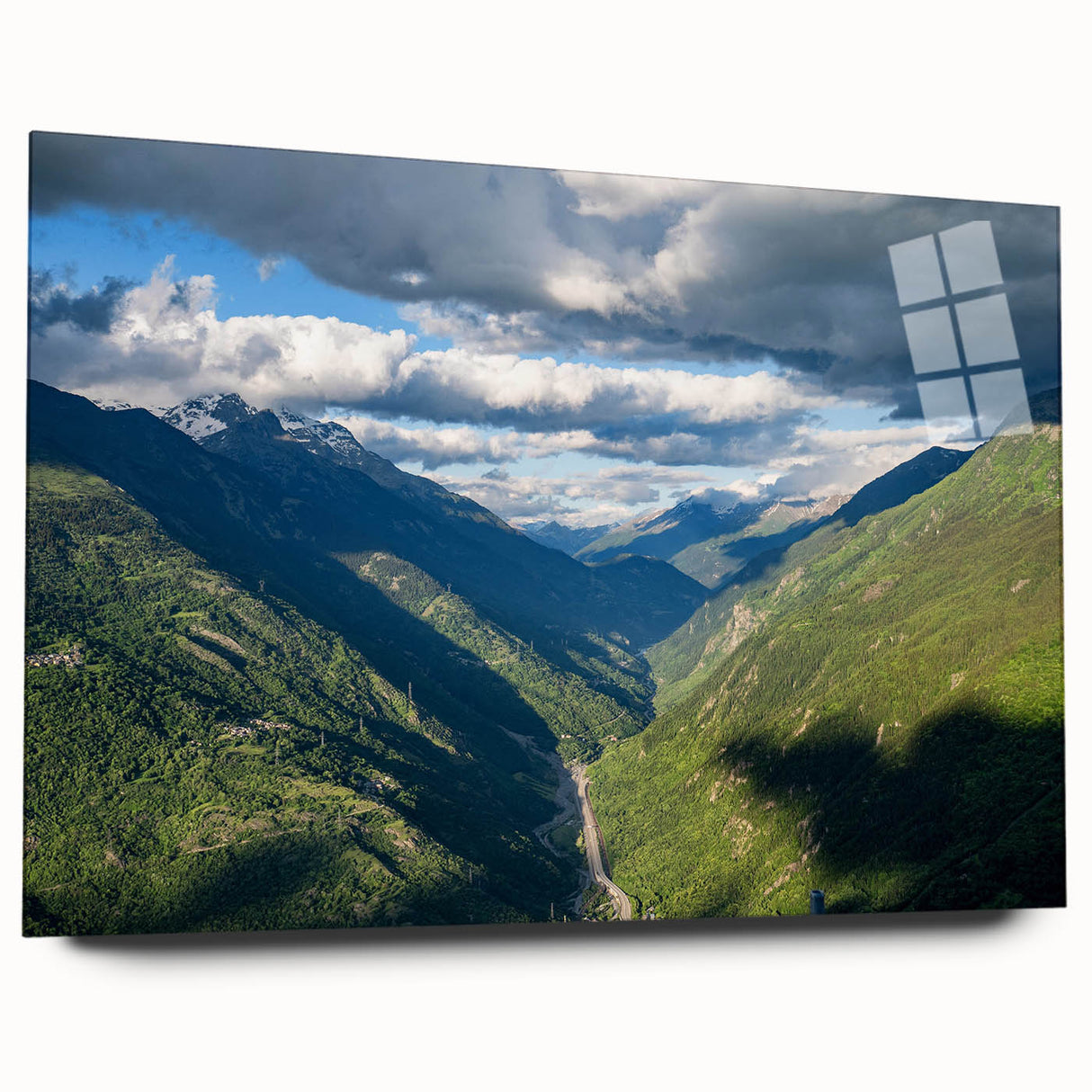 Acrylic glass wall art showcasing a stunning valley landscape design. The artwork features vibrant colors and intricate details, presented in a side view without pins, perfect for modern interior decor.