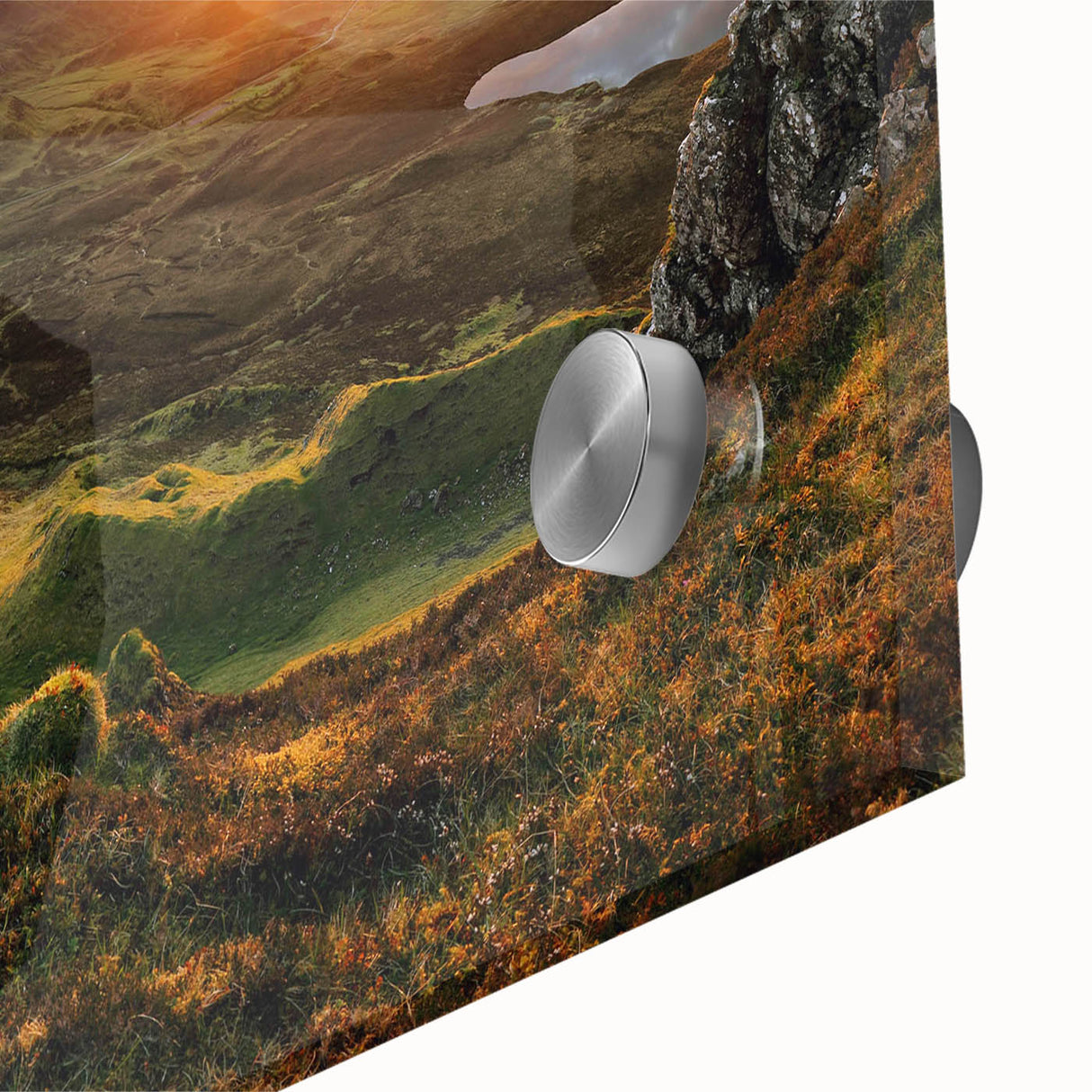 Close-up of an acrylic glass wall art piece showcasing a vibrant landscape design with rich colors and intricate details, perfect for modern home decor.