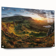 Side view of a wall art collection featuring a vibrant landscape valley design, displayed with acrylic glass and decorative pins, perfect for home decor.