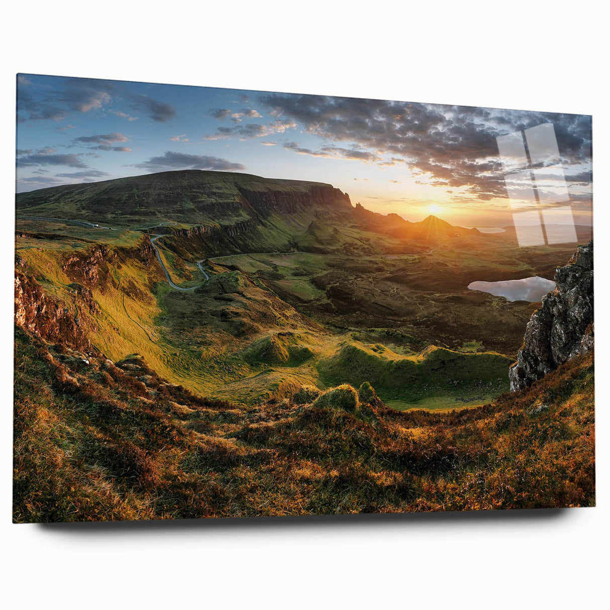 Acrylic glass wall art design showcasing a serene valley landscape, featuring vibrant colors and intricate details, perfect for enhancing home decor.