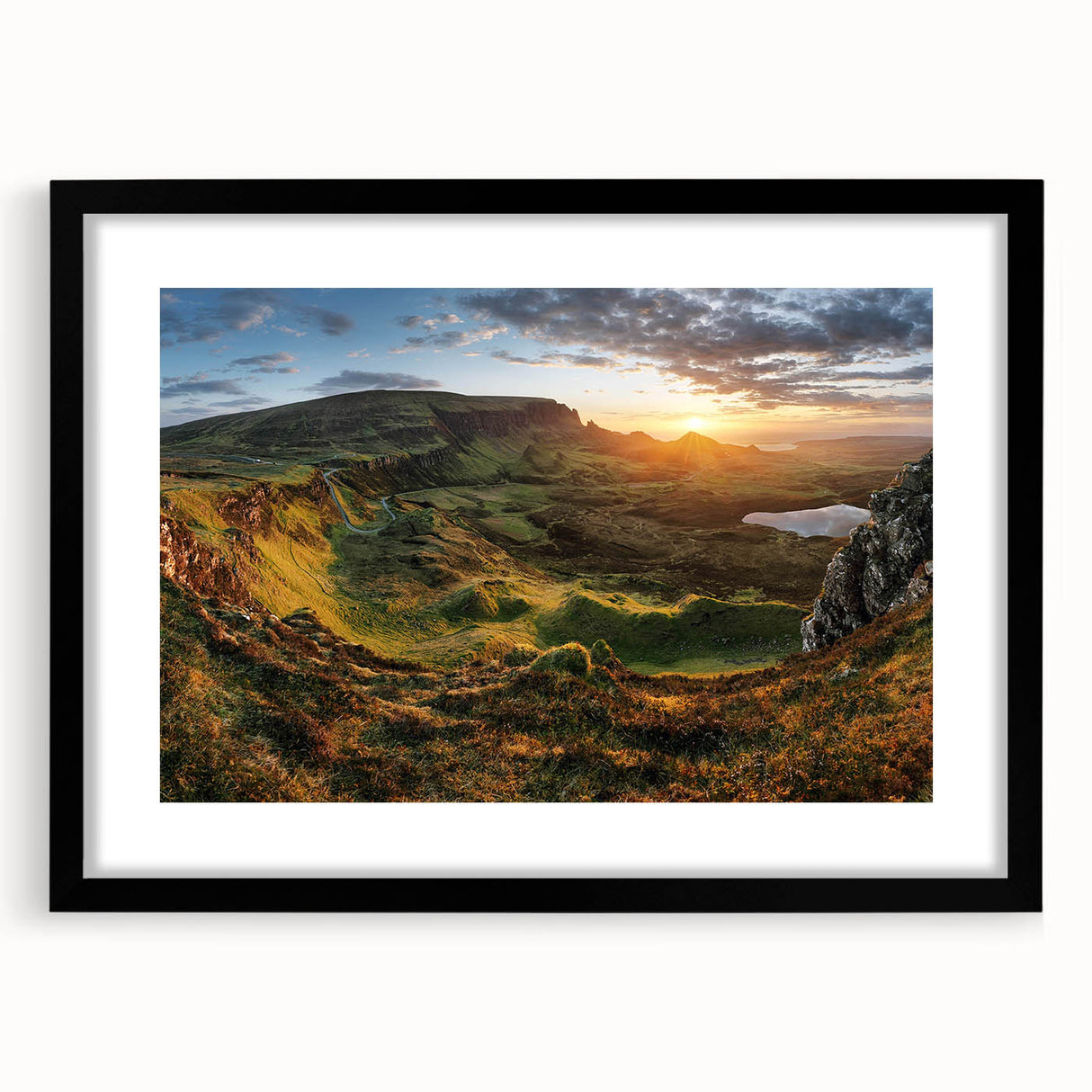 Framed wall art featuring a serene landscape design of a valley, displayed in a sleek black frame with a white mat, perfect for modern home decor.