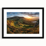 Framed wall art featuring a serene landscape design of a valley, displayed in a sleek black frame with a white mat, perfect for modern home decor.
