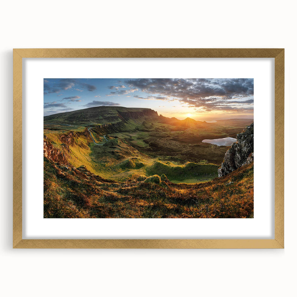 Elegant gold-framed wall art showcasing a serene valley landscape design, highlighted by a white mat, perfect for home decor enhancement and interior aesthetics.