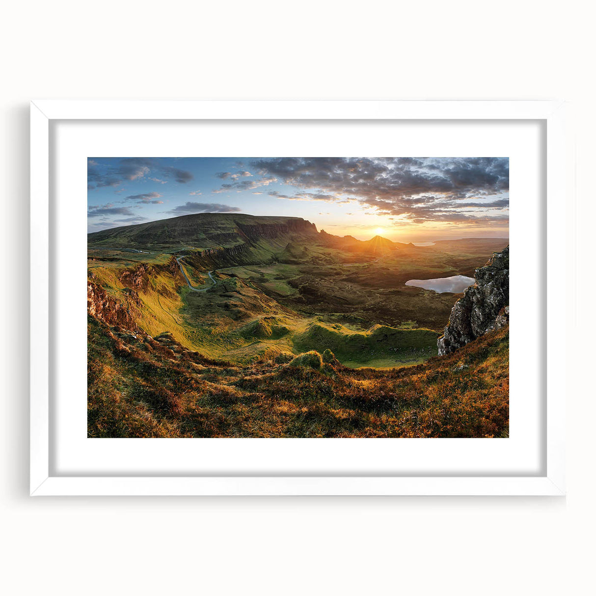 Framed wall art featuring a serene valley landscape design with a white mat, ideal for home decor. The piece adds a calming touch to any room and complements various interior styles.