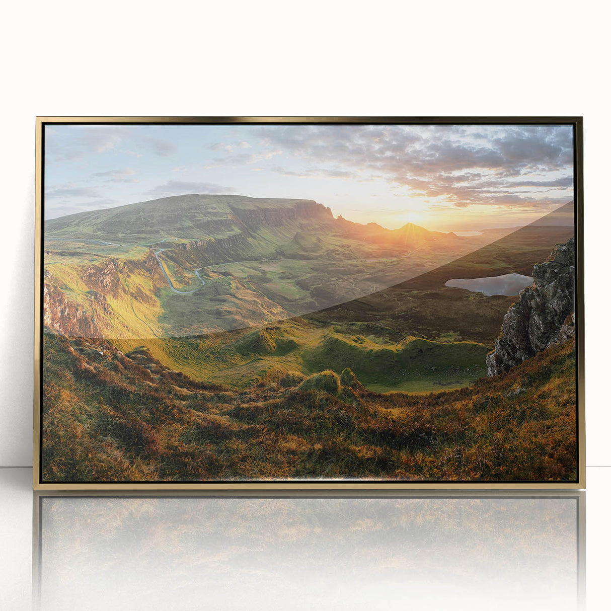 Framed wall art collection featuring a stunning valley landscape design with vibrant colors and a gold-accented acrylic front, perfect for home decor.