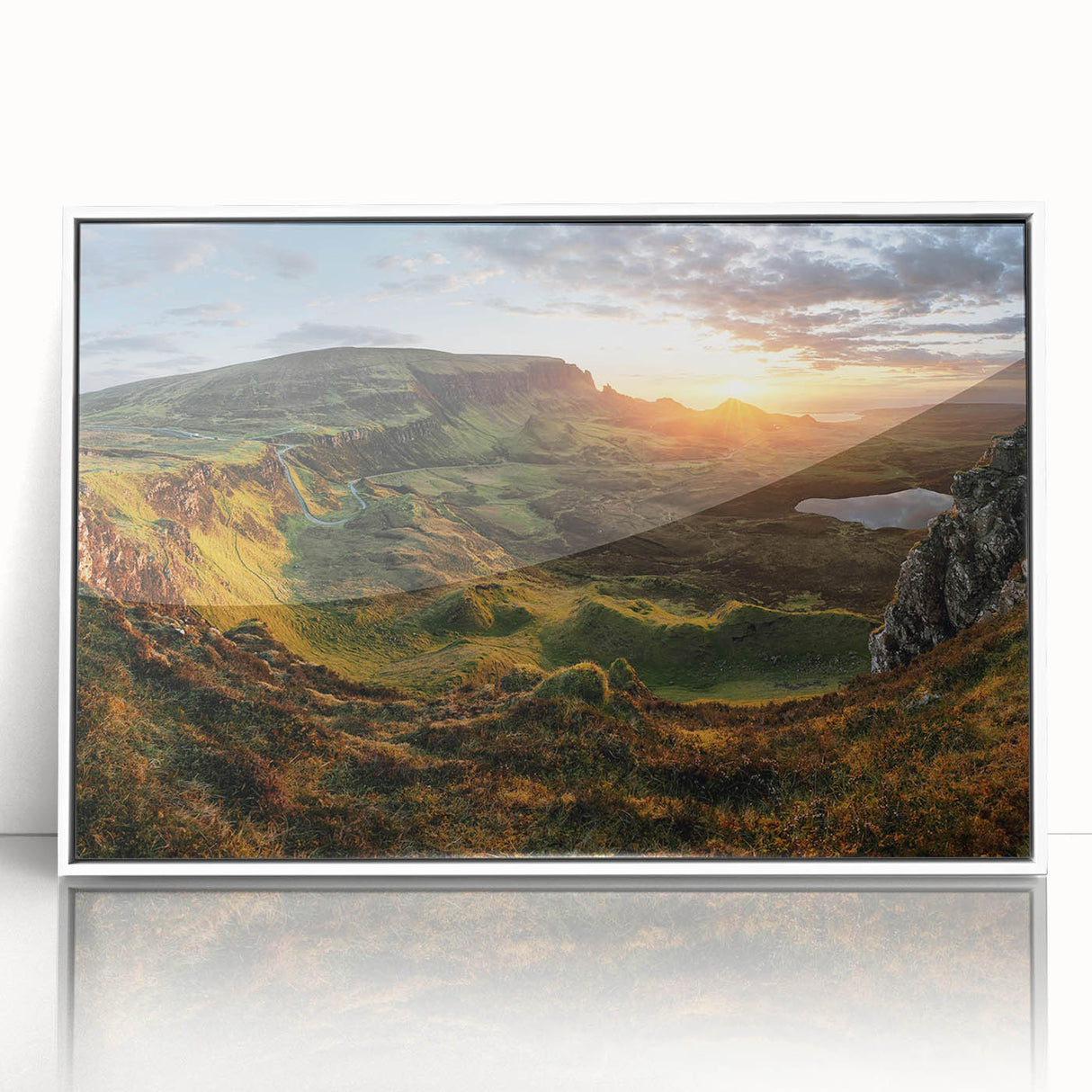 Framed wall art featuring a vibrant landscape design depicting a serene valley, presented in a sleek white frame, ideal for home decor enhancement.