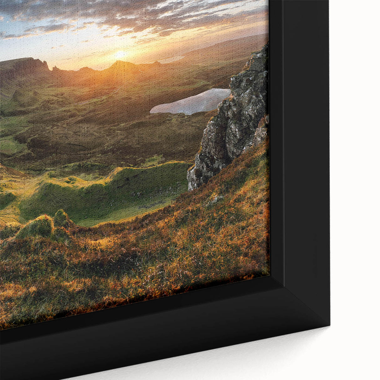 Close-up of a framed canvas wall art piece featuring a serene valley landscape with vibrant colors and intricate details, perfect for home decor enhancement.