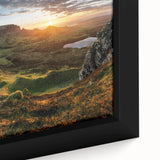 Close-up of a framed canvas wall art piece featuring a serene valley landscape with vibrant colors and intricate details, perfect for home decor enhancement.