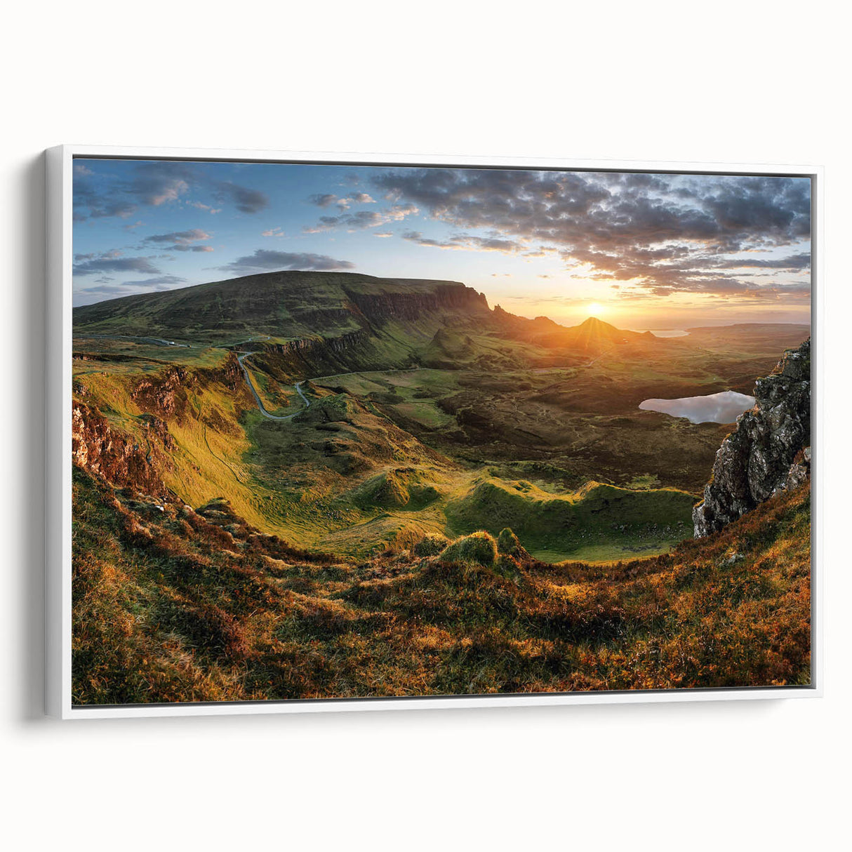 Framed canvas wall art featuring a serene valley landscape design, showcasing vibrant greens and blues with a white frame, ideal for modern home decor.