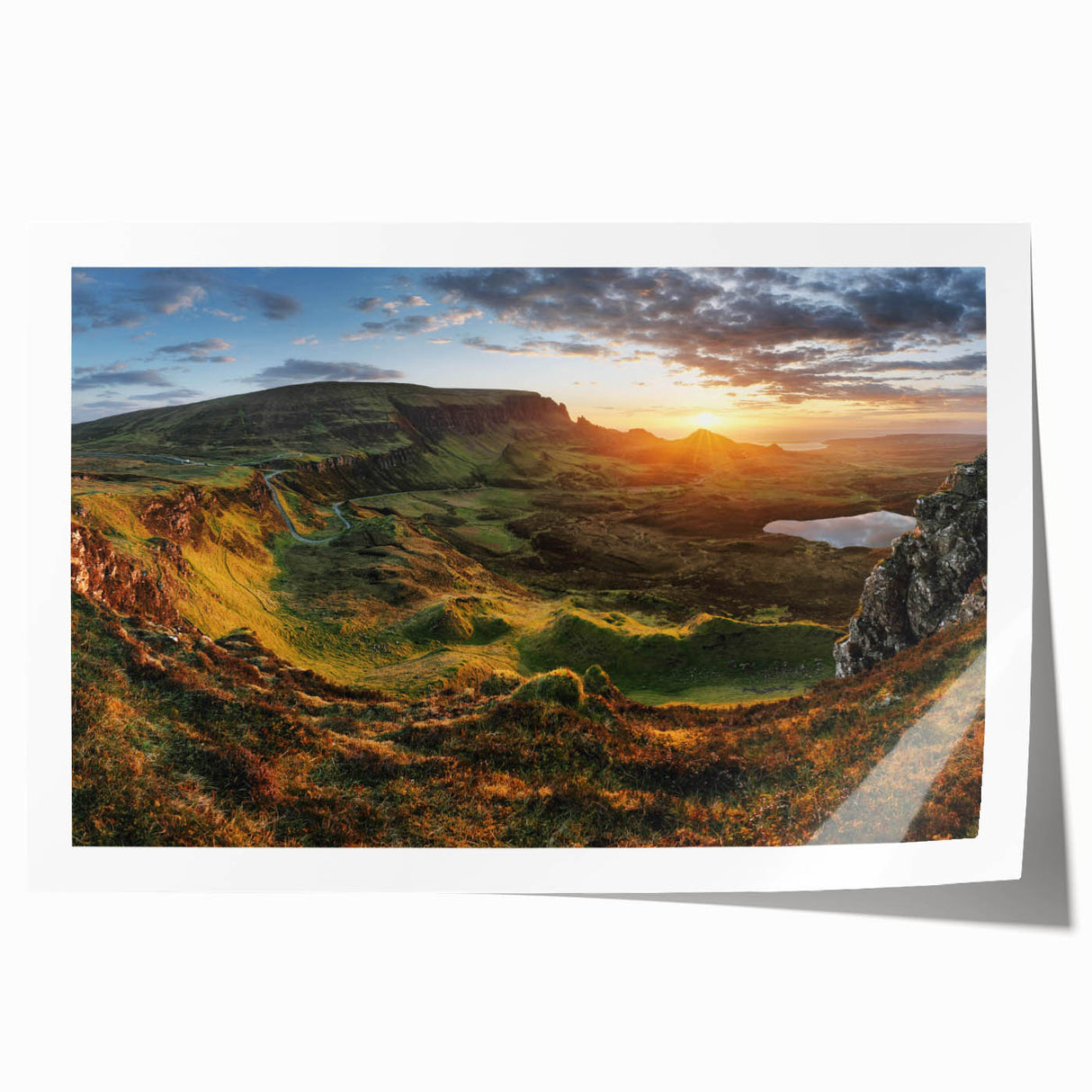Vibrant rolled print showcasing a serene valley landscape with lush greenery and soft clouds, ideal for home decor, packaged securely for delivery.