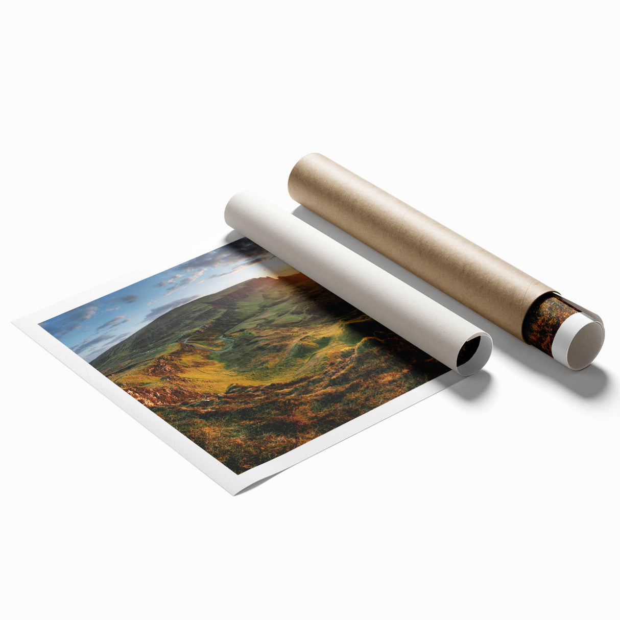 Stunning rolled print of a serene valley landscape, showcasing vibrant greens and soft blues, perfect for home decor, packaged securely in a protective tube.