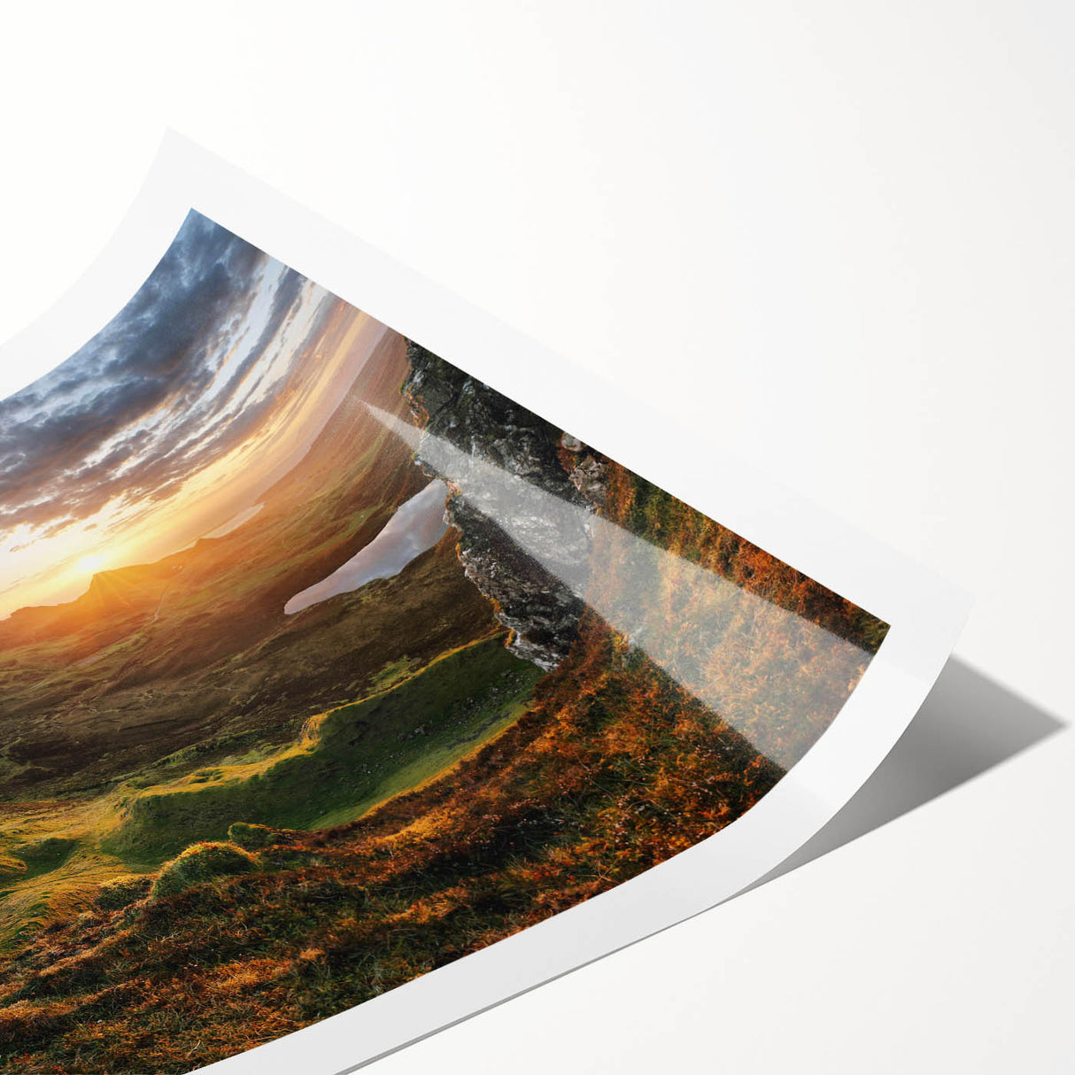 Vibrant, rolled canvas wall art depicting a serene valley landscape with lush green hills and a clear blue sky, ideal for home decor and art enthusiasts.