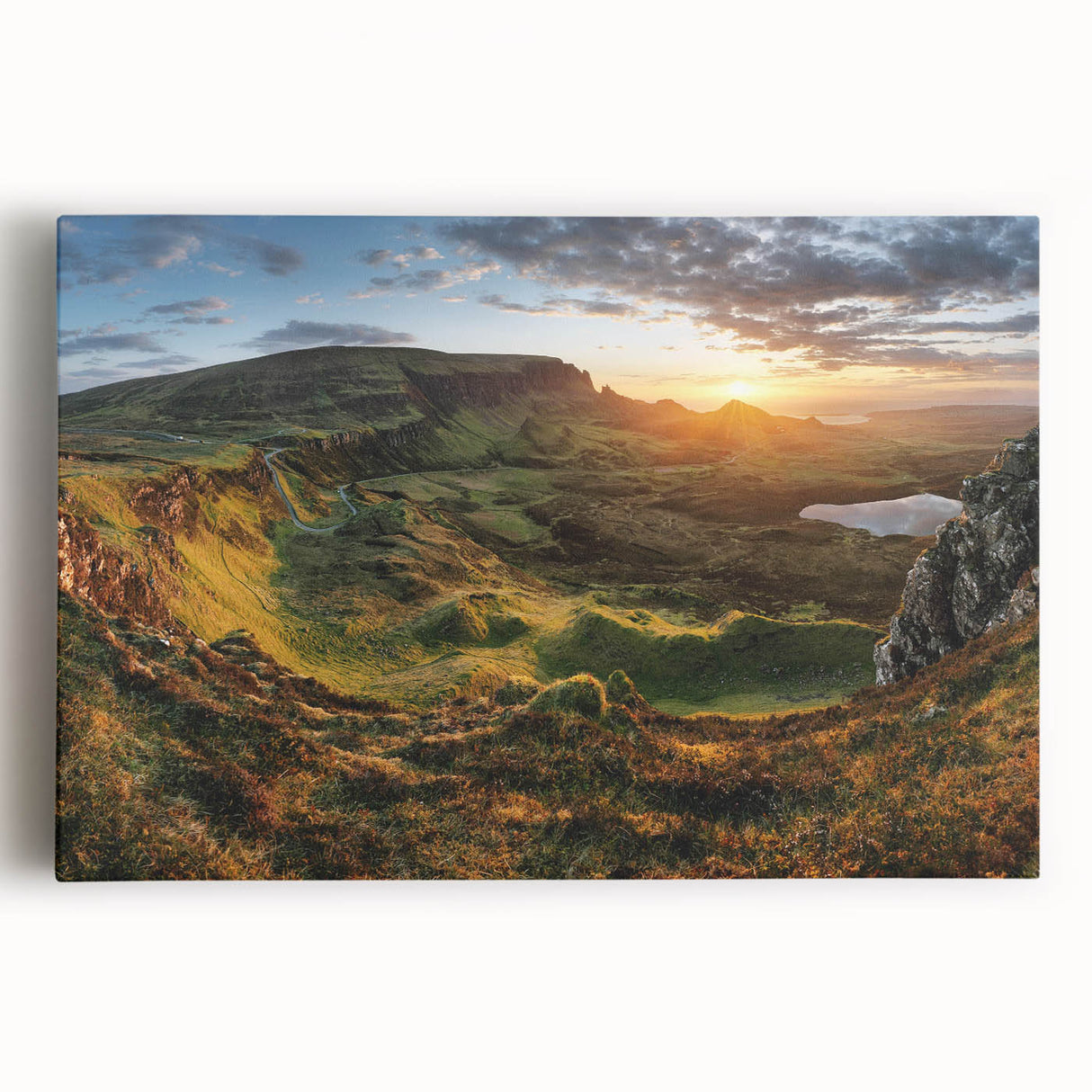 Stretched canvas wall art showcasing a vibrant landscape of a serene valley, featuring lush greenery and a bright blue sky, perfect for home decor.