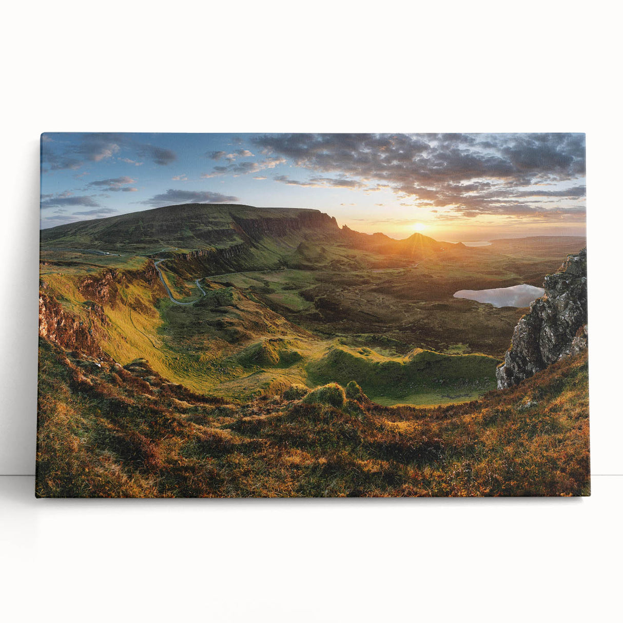 Stretched canvas wall art showcasing a serene valley landscape, featuring vibrant colors and intricate details, ideal for home decor or office settings.