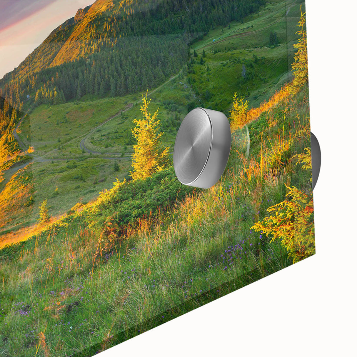 Close-up of an acrylic glass wall art piece showcasing a vibrant valley landscape design, featuring rich colors and intricate details, perfect for modern decor.