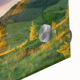 Close-up of an acrylic glass wall art piece showcasing a vibrant valley landscape design, featuring rich colors and intricate details, perfect for modern decor.