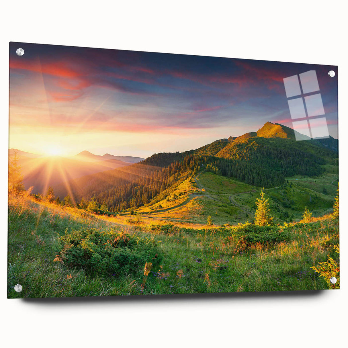 Acrylic glass wall art showcasing a vibrant valley landscape design, featuring rich colors and intricate details, hung with decorative pins for an elegant display.