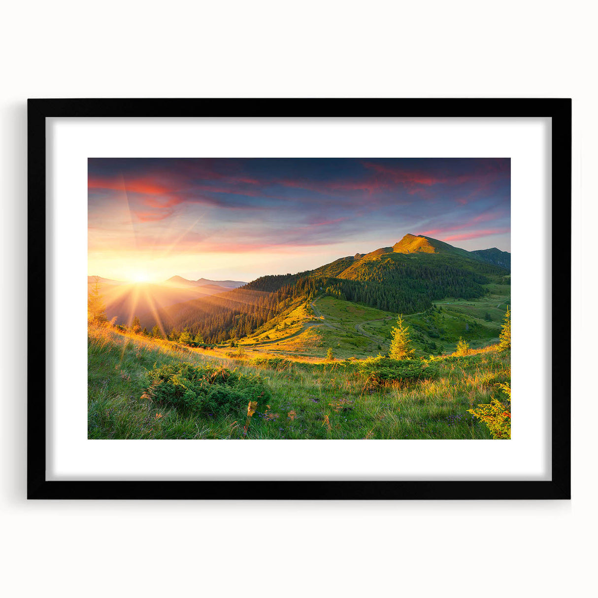 Framed wall art featuring a serene landscape scene of a valley, complete with a black mat and sleek black frame, ideal for enhancing modern decor.