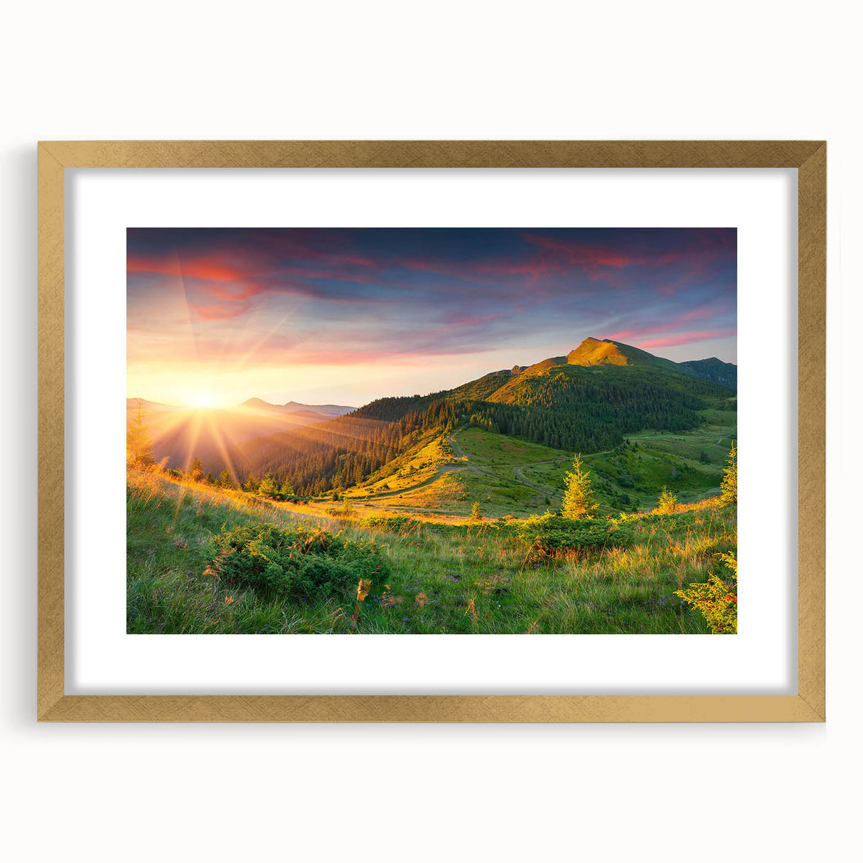 Elegant gold-framed wall art featuring a serene valley landscape design with matting, perfect for enhancing home decor and adding a touch of nature-inspired elegance.