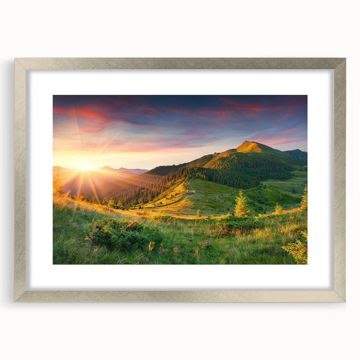 Framed wall art collection showcasing a serene valley landscape design in a silver frame with matting, perfect for enhancing modern home decor.