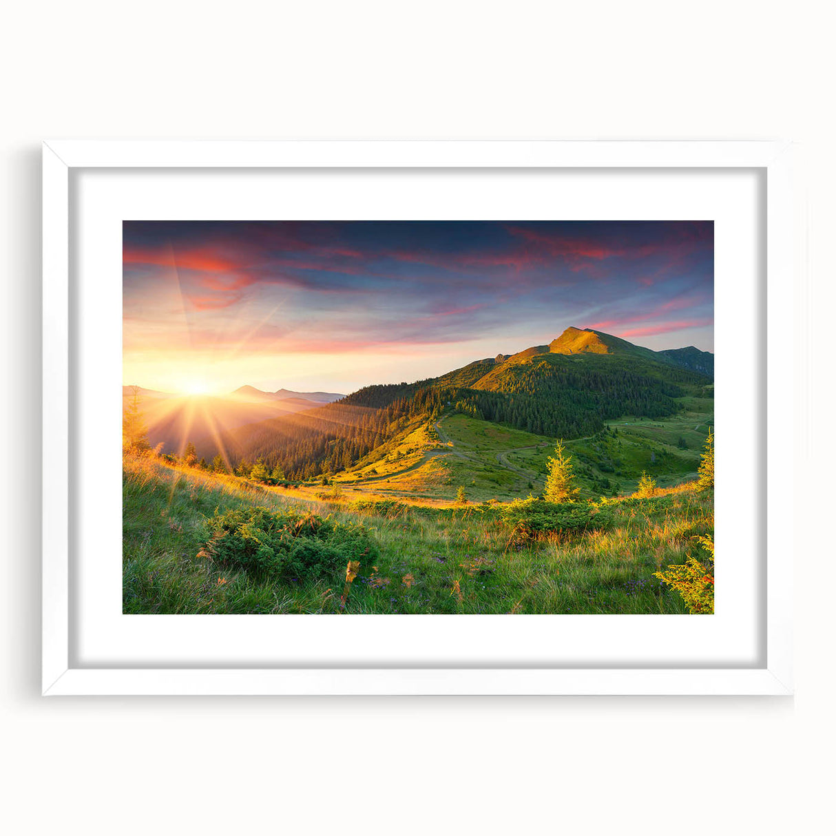Framed wall art showcasing a serene valley landscape design, featuring a white mat and sleek frame, ideal for enhancing home decor with nature-inspired aesthetics.