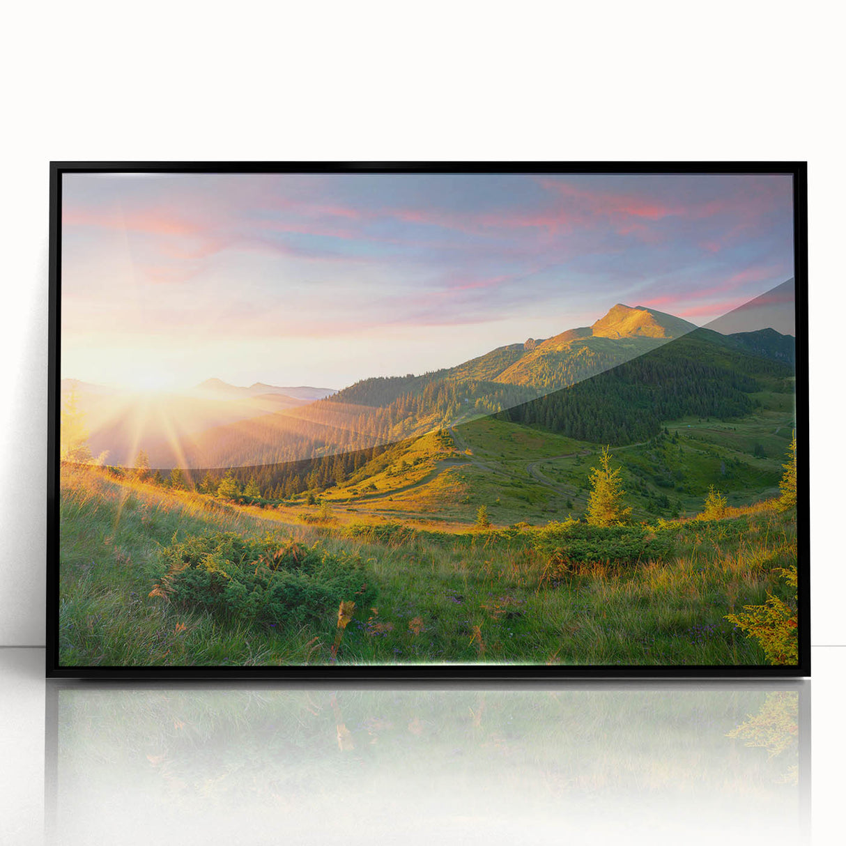 Framed acrylic wall art featuring a serene landscape design of a valley, with vibrant colors and intricate details, perfect for home decor enhancement.