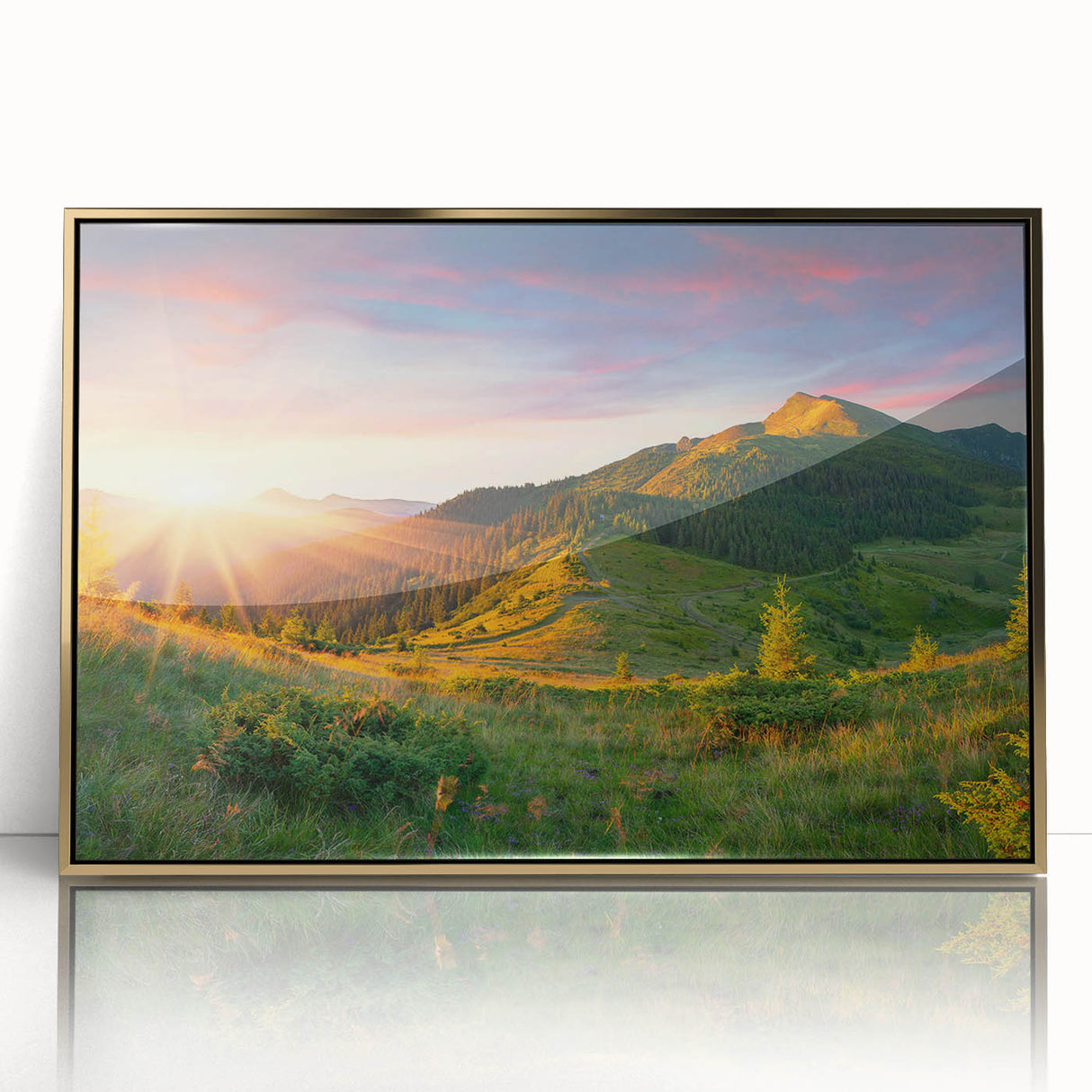 Framed acrylic wall art featuring a scenic valley landscape with vibrant colors and gold accents, perfect for home décor and enhancing interior aesthetics.