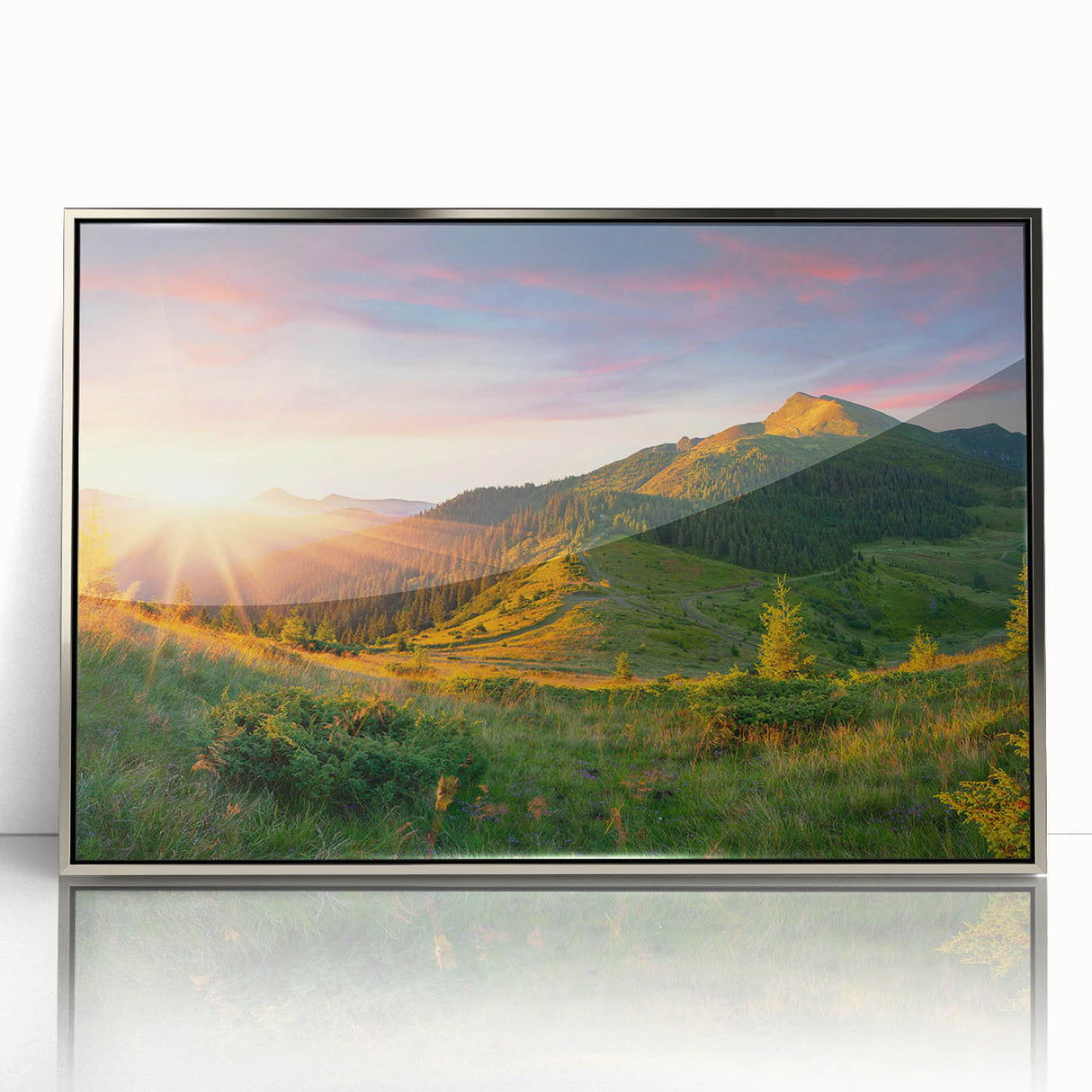 Framed acrylic wall art featuring a serene landscape design of a valley, showcasing vibrant colors and intricate details, perfect for enhancing modern home decor.