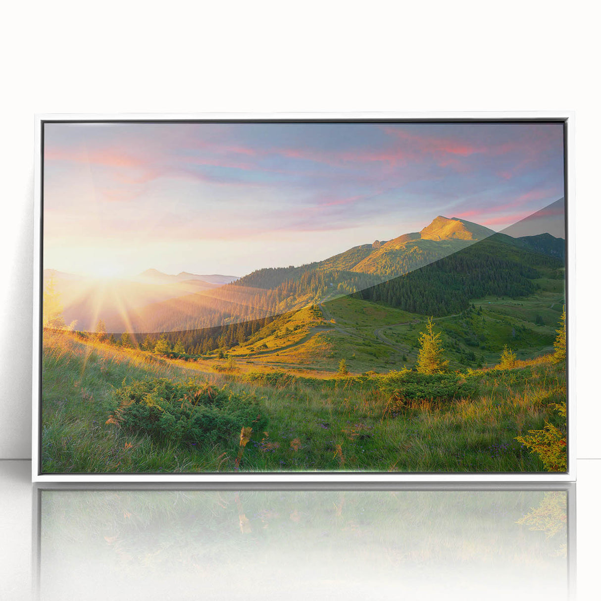 Framed acrylic wall art depicting a serene valley landscape with vibrant colors, white frame enhancing the artwork's natural beauty, perfect for home decor.