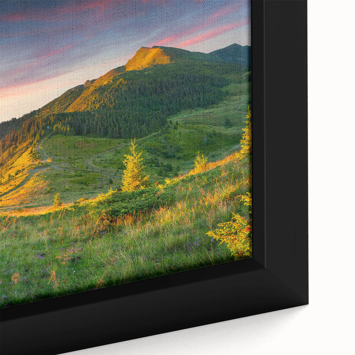 Close-up of a framed canvas wall art piece depicting a serene valley landscape, showcasing vibrant greens and blues, perfect for home decor and nature lovers.