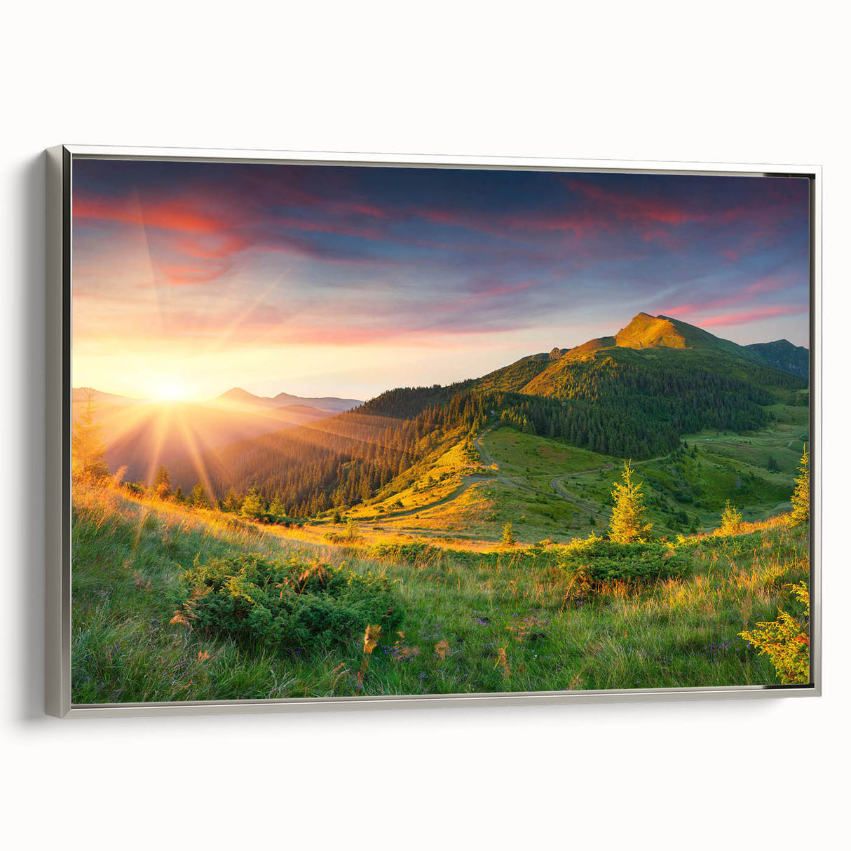 Framed landscape wall art showcasing a serene valley design with vibrant colors, highlighted by a silver frame, perfect for enhancing home decor.