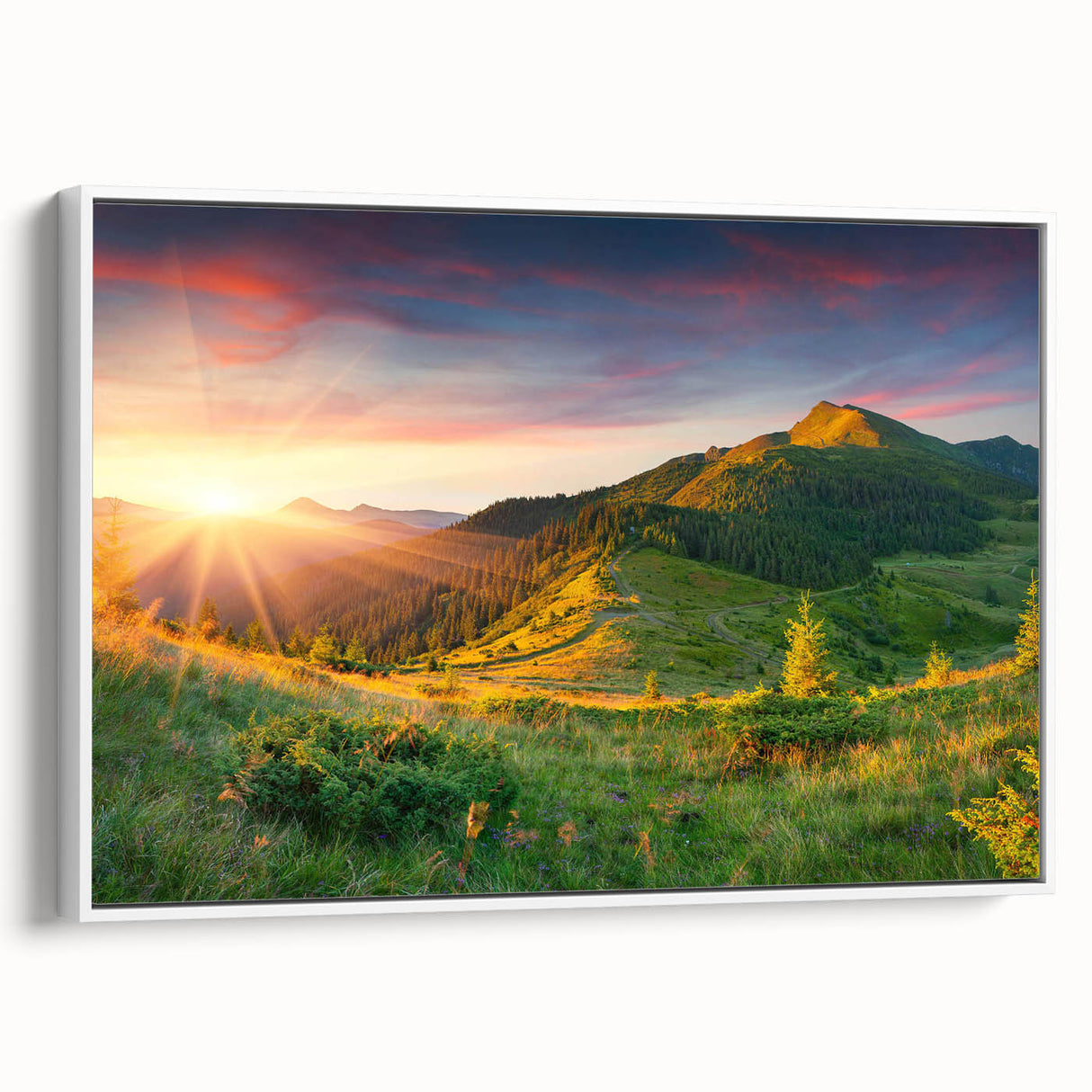Framed canvas wall art showcasing a vibrant landscape of a serene valley, featuring lush greenery and rolling hills, set against a soft white background. Perfect for home decor.