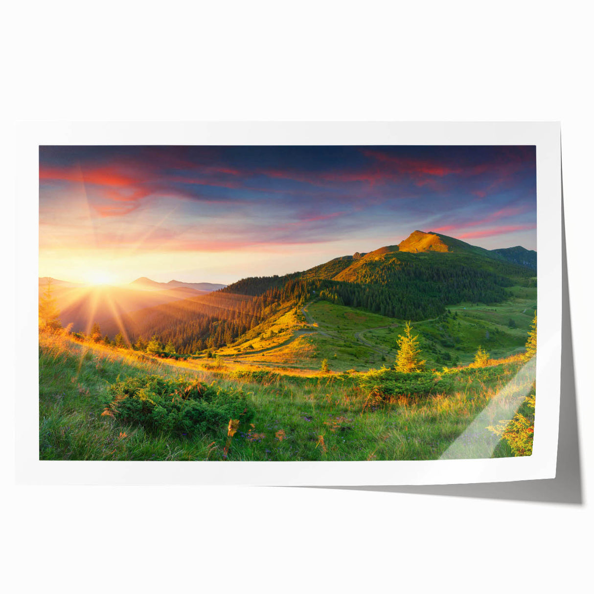 Vibrant landscape wall art print showcasing a serene valley scene with lush greenery and a clear blue sky, rolled and ready for framing or display.