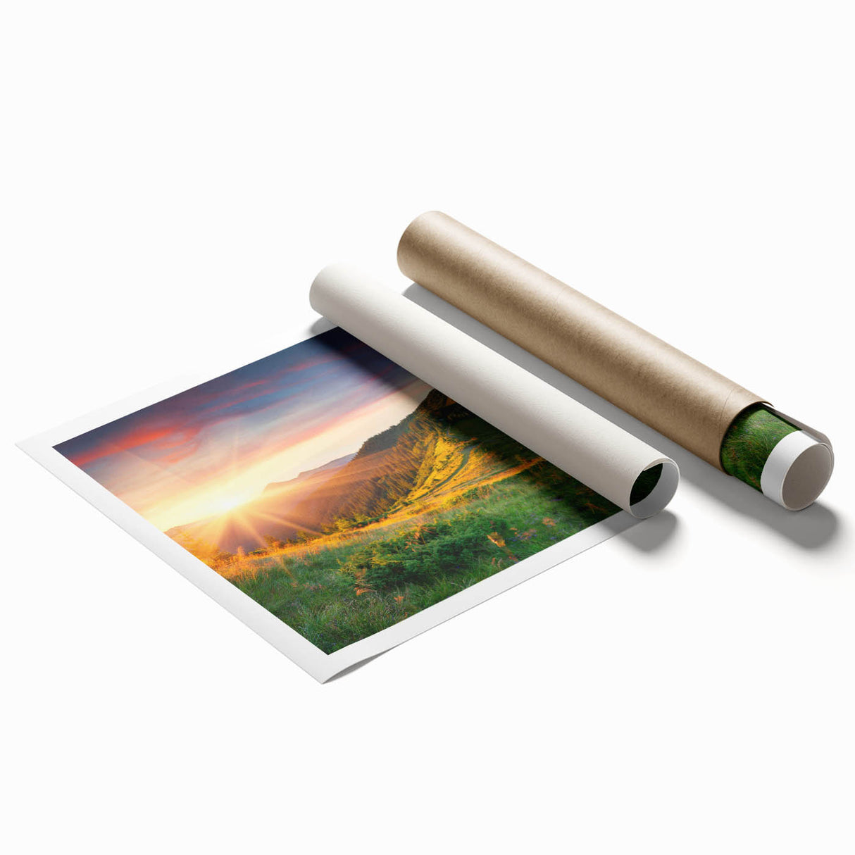 Vibrant rolled print of a serene valley landscape, showcasing lush greenery and rolling hills. Perfect for home decor, it arrives in a protective tube.