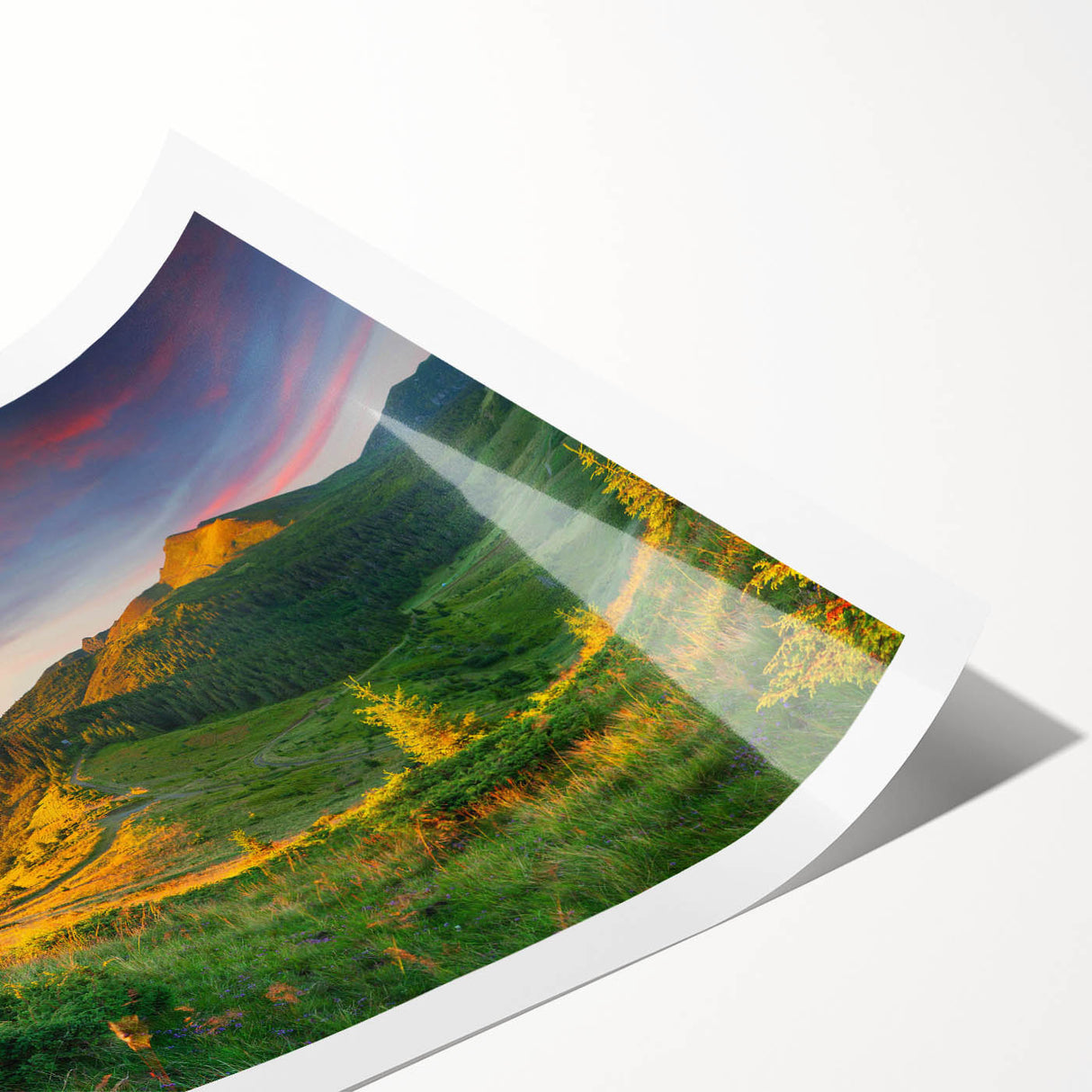 Serene landscape wall art print featuring a vibrant valley scene, showcasing lush greenery and rolling hills, rolled for easy shipping and display.